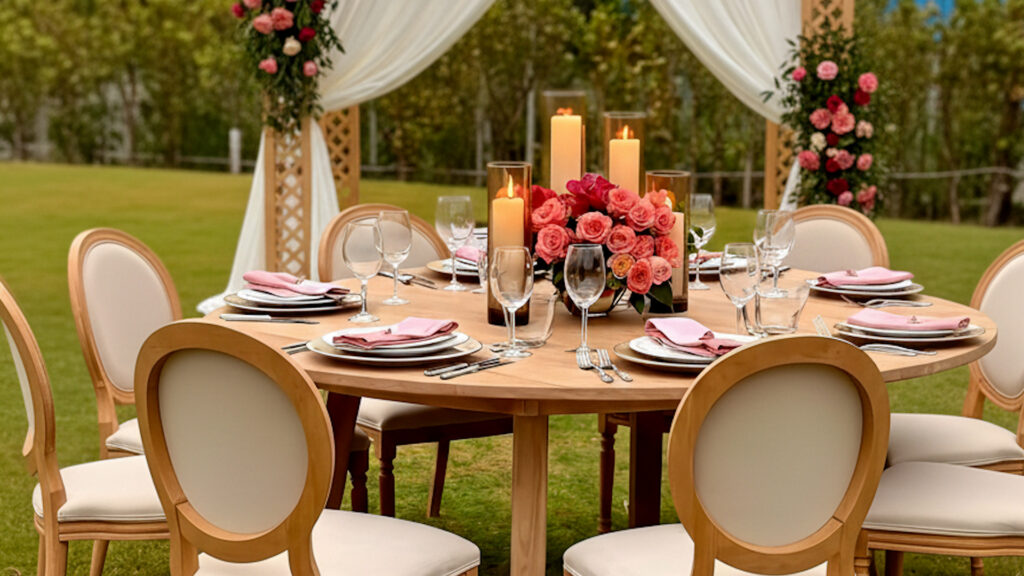 Round dinner table set with roses and candles on a garden lawn